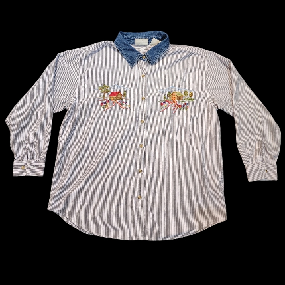 VINTAGE Basic Editions Embroidered Farm House Striped Button-Down Jean Collar